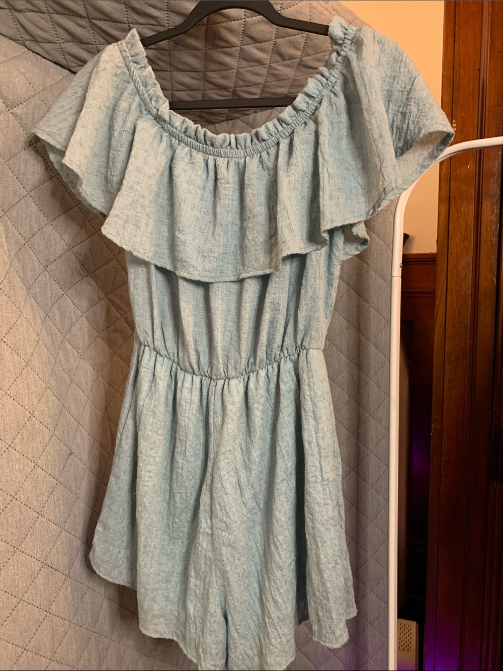 emory park Light Blue Off-Shoulder Ruffle Romper